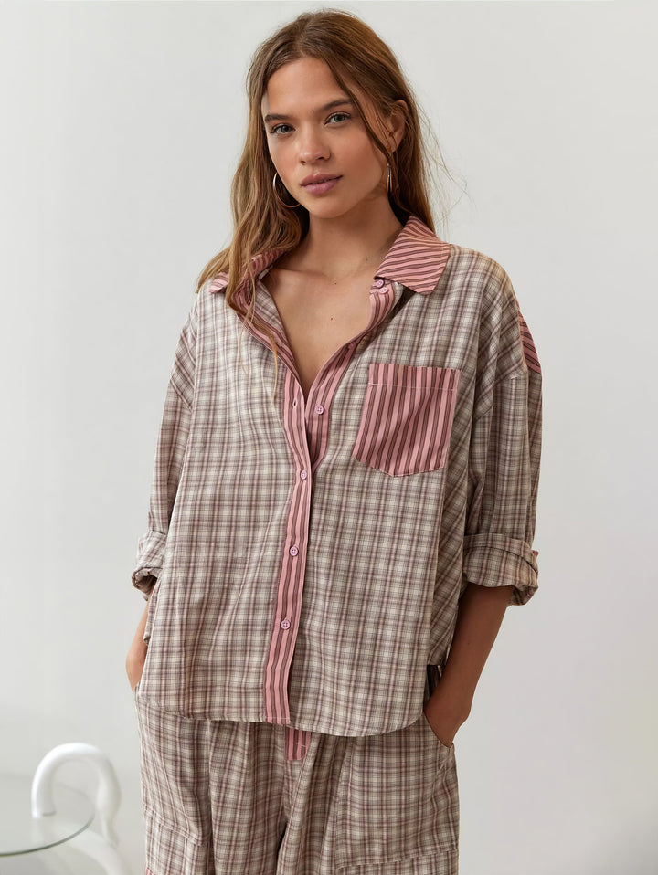 Piper | Damen Bequemes Locker Passform Kariertes Pyjama Satz