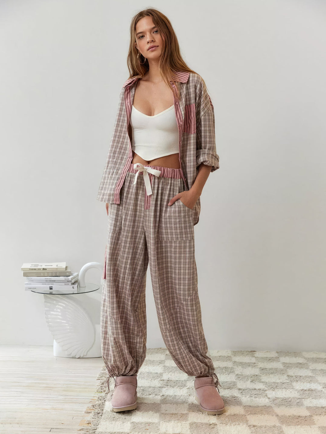 Piper | Damen Bequemes Locker Passform Kariertes Pyjama Satz