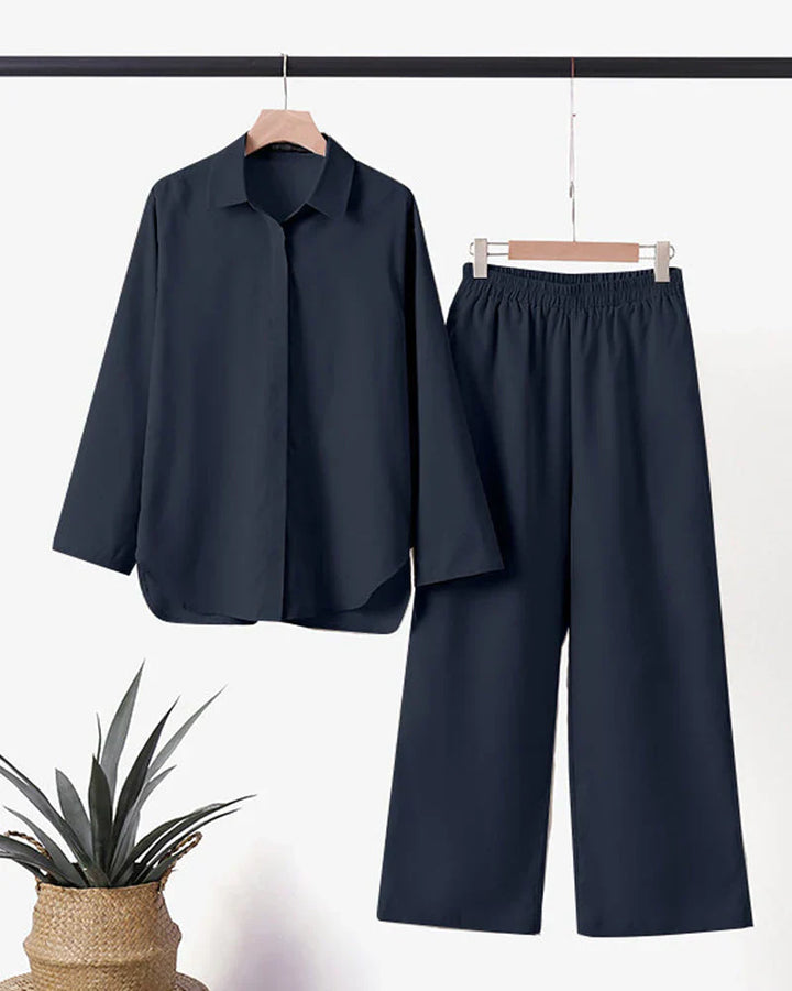 Syrena | Damen 2-Teilig Outfit mit Hemd Knopfleiste und Hose mit Weitem Bein
