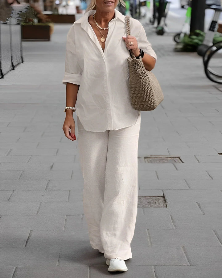 Syrena | Damen 2-Teilig Outfit mit Hemd Knopfleiste und Hose mit Weitem Bein