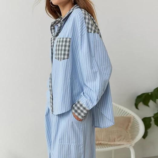 Piper | Damen Bequemes Locker Passform Kariertes Pyjama Satz