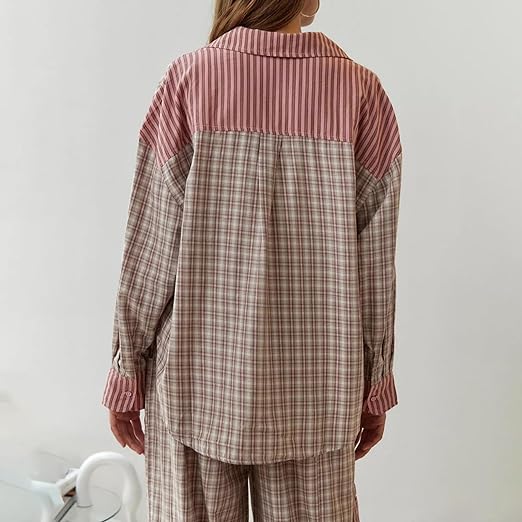 Piper | Damen Bequemes Locker Passform Kariertes Pyjama Satz