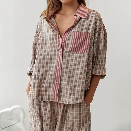 Piper | Damen Bequemes Locker Passform Kariertes Pyjama Satz