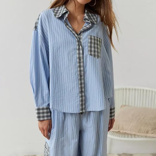 Piper | Damen Bequemes Locker Passform Kariertes Pyjama Satz