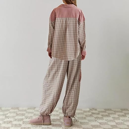 Piper | Damen Bequemes Locker Passform Kariertes Pyjama Satz