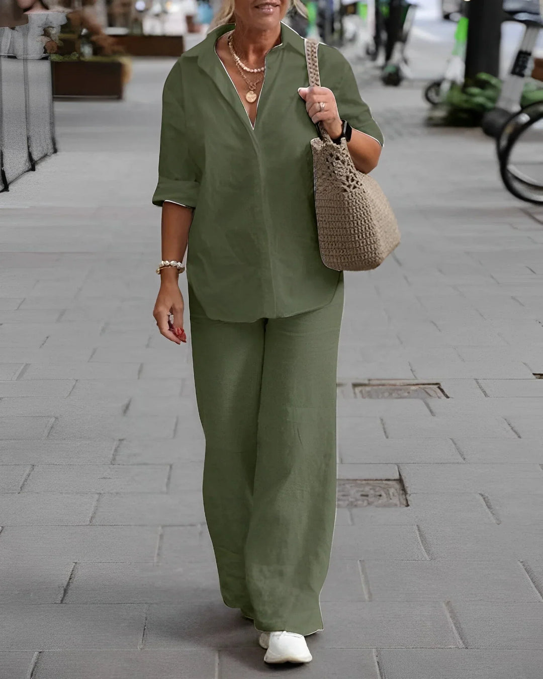 Syrena | Damen 2-Teilig Outfit mit Hemd Knopfleiste und Hose mit Weitem Bein