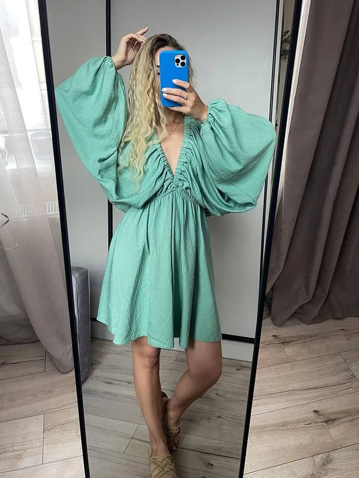 Vaenya | Boho-Minikleid Mit Langen Ärmeln Und V-Ausschnitt