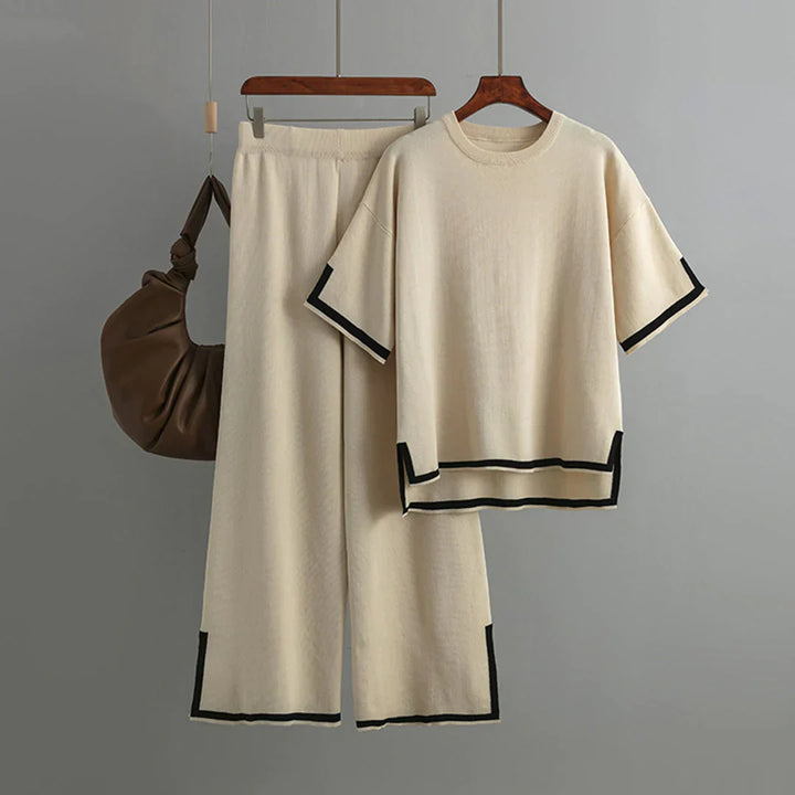 Paelis | Damen 2-Teiliges Outfit mit V-Ausschnitt Oberteil und Weitbeinhose