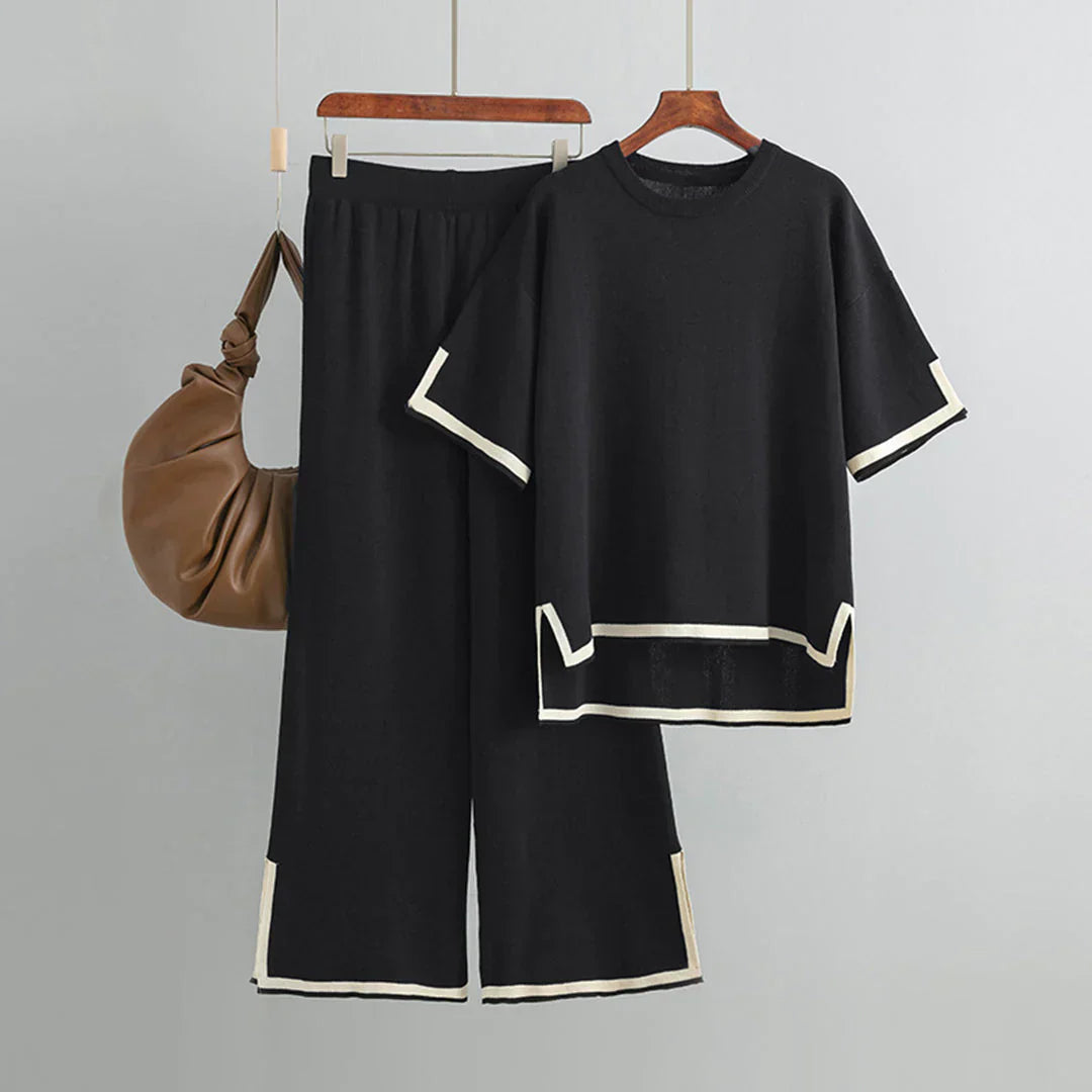 Paelis | Damen 2-Teiliges Outfit mit V-Ausschnitt Oberteil und Weitbeinhose