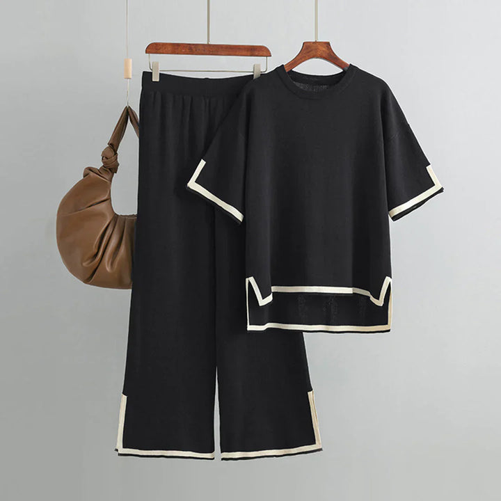 Paelis | Damen 2-Teiliges Outfit mit V-Ausschnitt Oberteil und Weitbeinhose