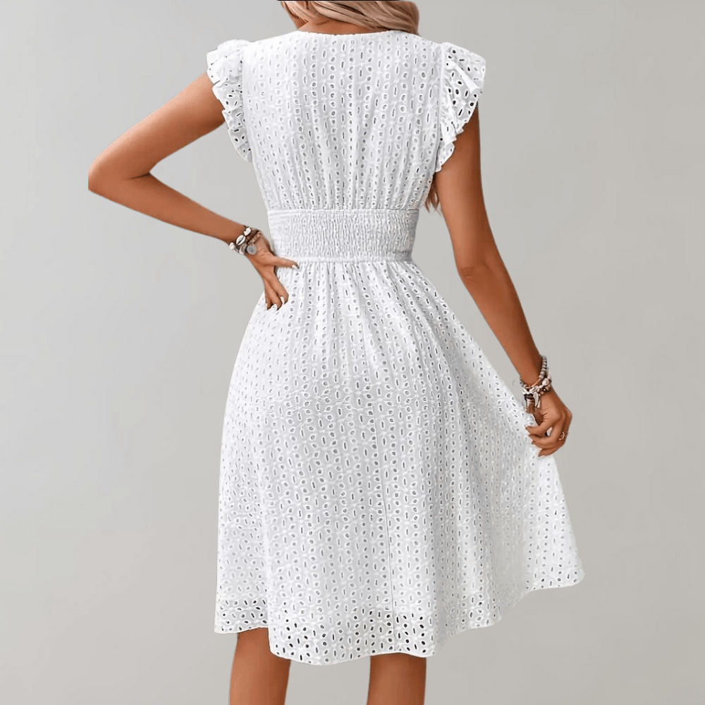 Margaux | Damen Weißes Baumwolle Rüschen Sommerkleid