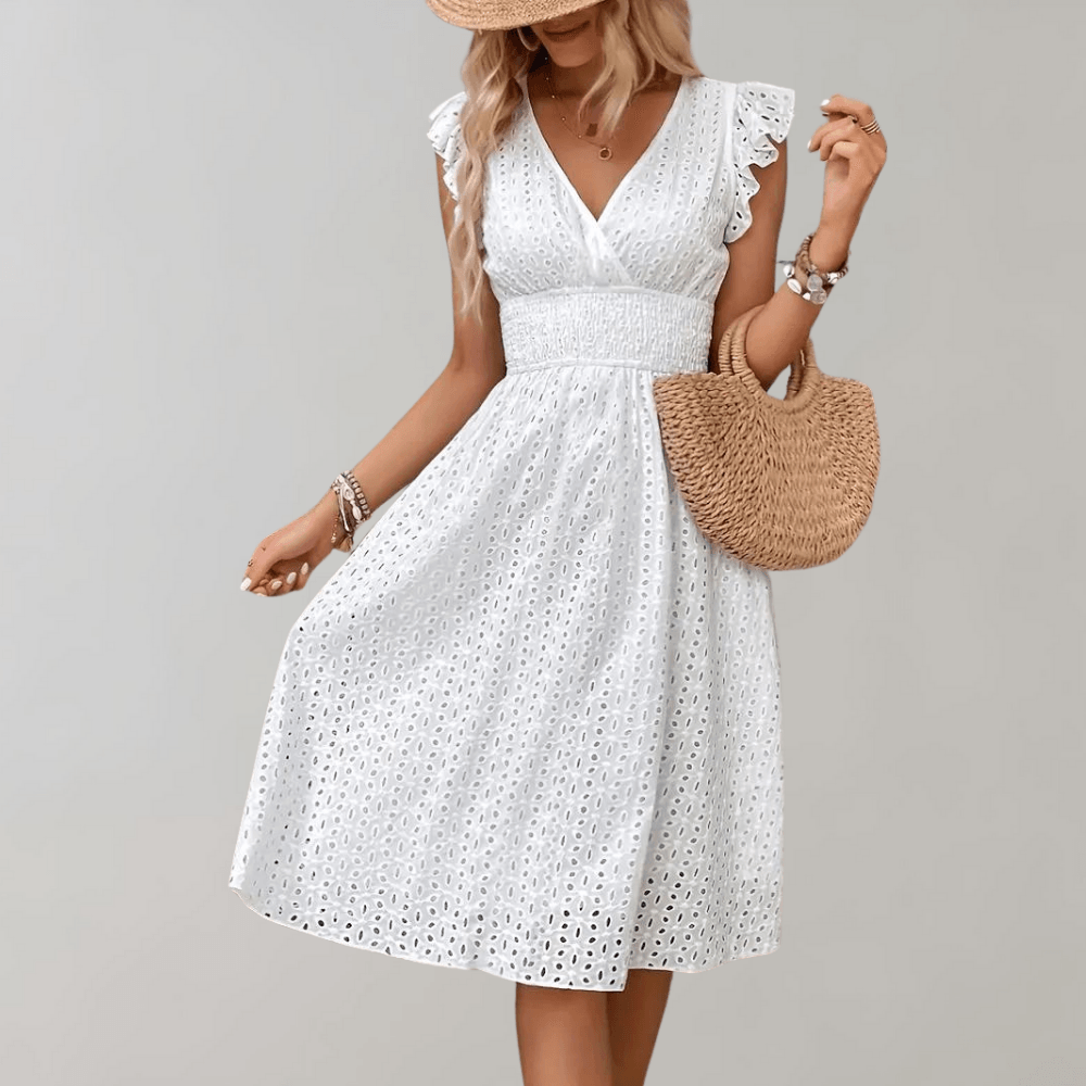 Margaux | Damen Weißes Baumwolle Rüschen Sommerkleid