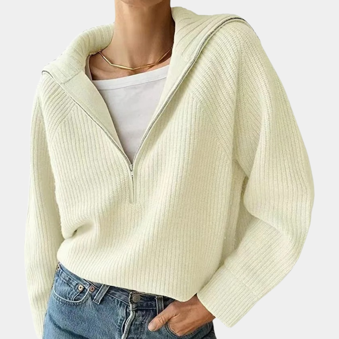 Damen Pullover aus Gerippter Baumwolle mit Halbem Reißverschluss | Entspannte Passform