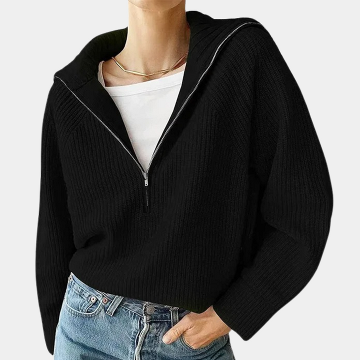 Damen Pullover aus Gerippter Baumwolle mit Halbem Reißverschluss | Entspannte Passform