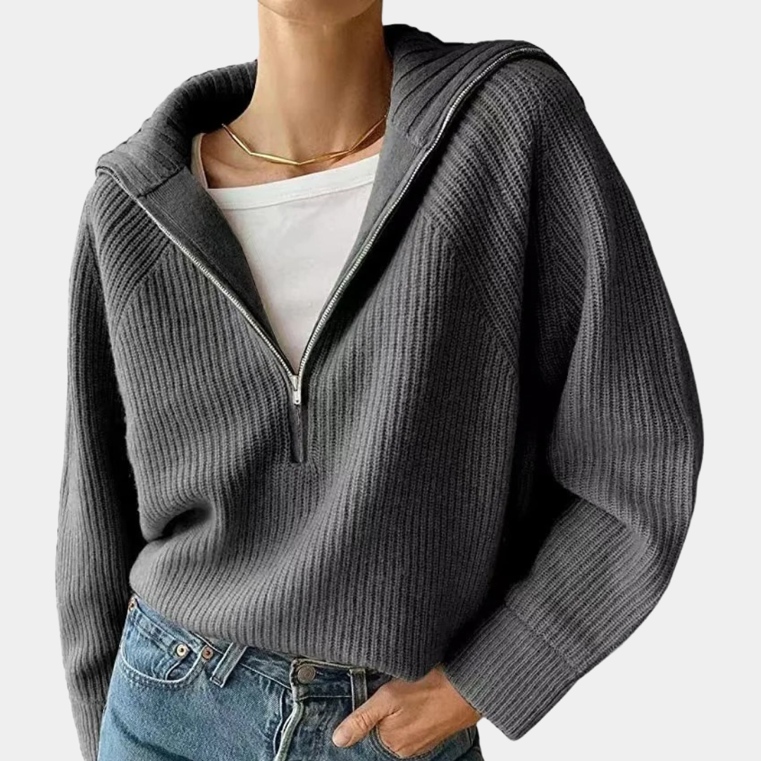 Damen Pullover aus Gerippter Baumwolle mit Halbem Reißverschluss | Entspannte Passform