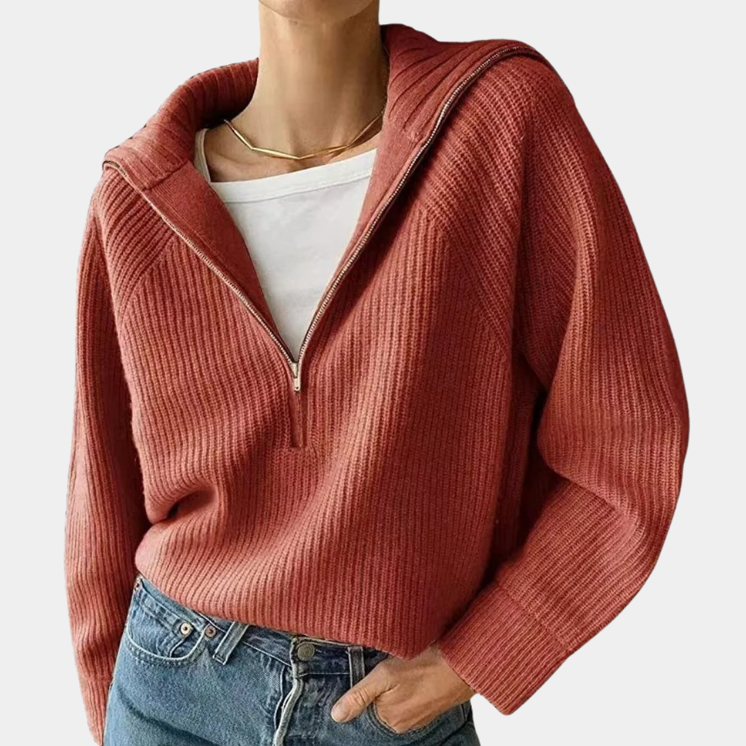 Damen Pullover aus Gerippter Baumwolle mit Halbem Reißverschluss | Entspannte Passform