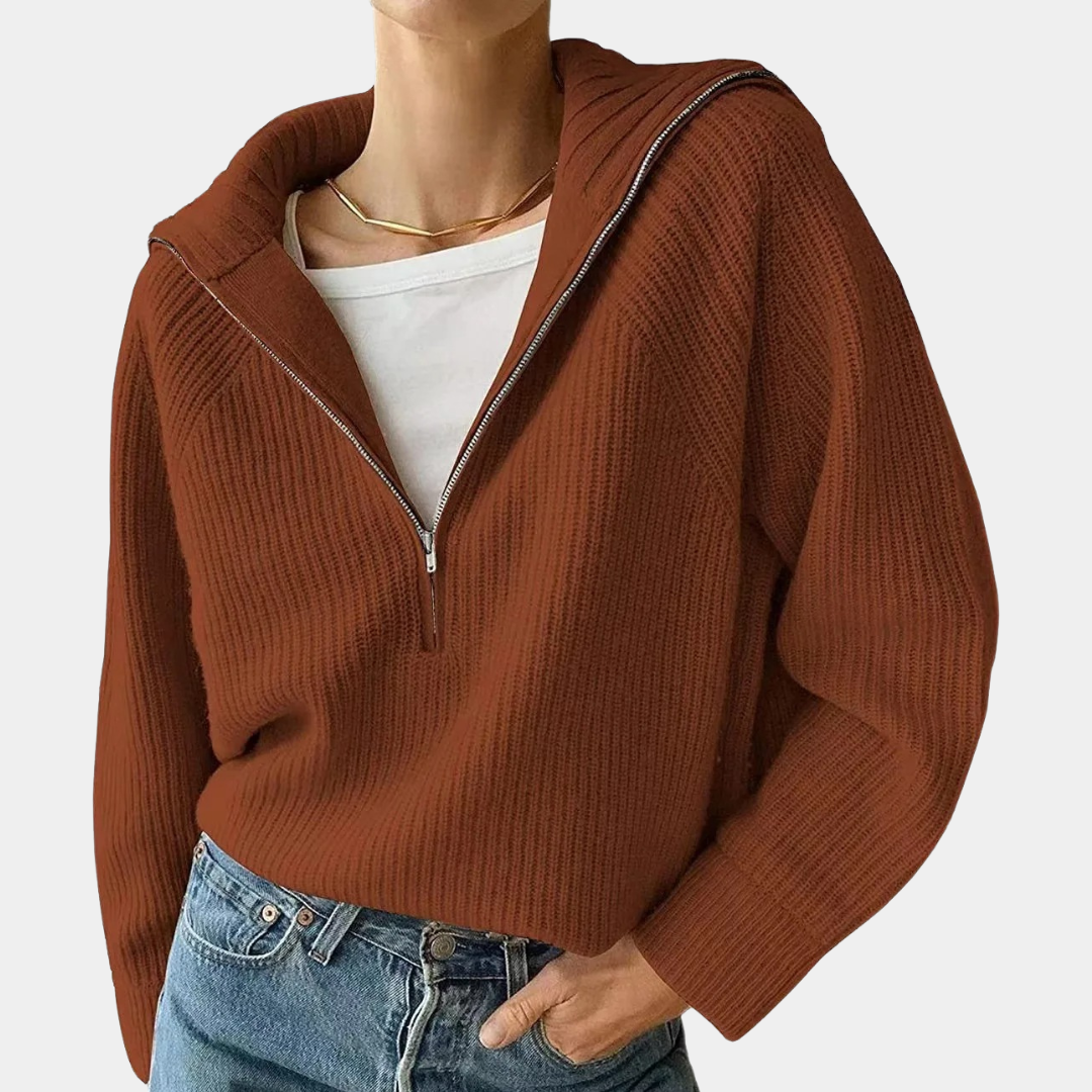 Damen Pullover aus Gerippter Baumwolle mit Halbem Reißverschluss | Entspannte Passform