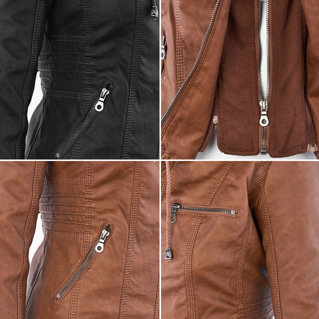 Emery | Damen Doppelt Gefütterte Lederjacke mit Kapuze