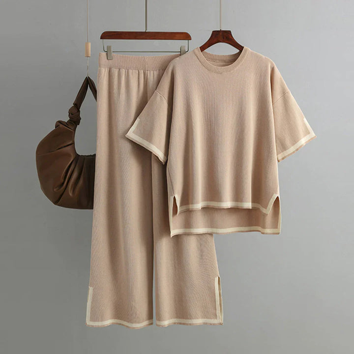 Paelis | Damen 2-Teiliges Outfit mit V-Ausschnitt Oberteil und Weitbeinhose