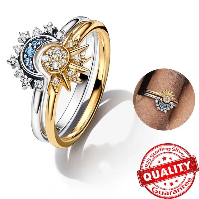 Amara | Funkelnder Mond und Sonne Silber Kristall Ring