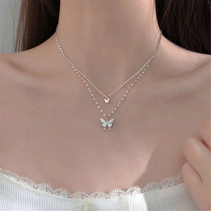 Vivienne | Elegantes Silber Halsketten-Set mit Schimmerndem Schmetterlings-Anhänger