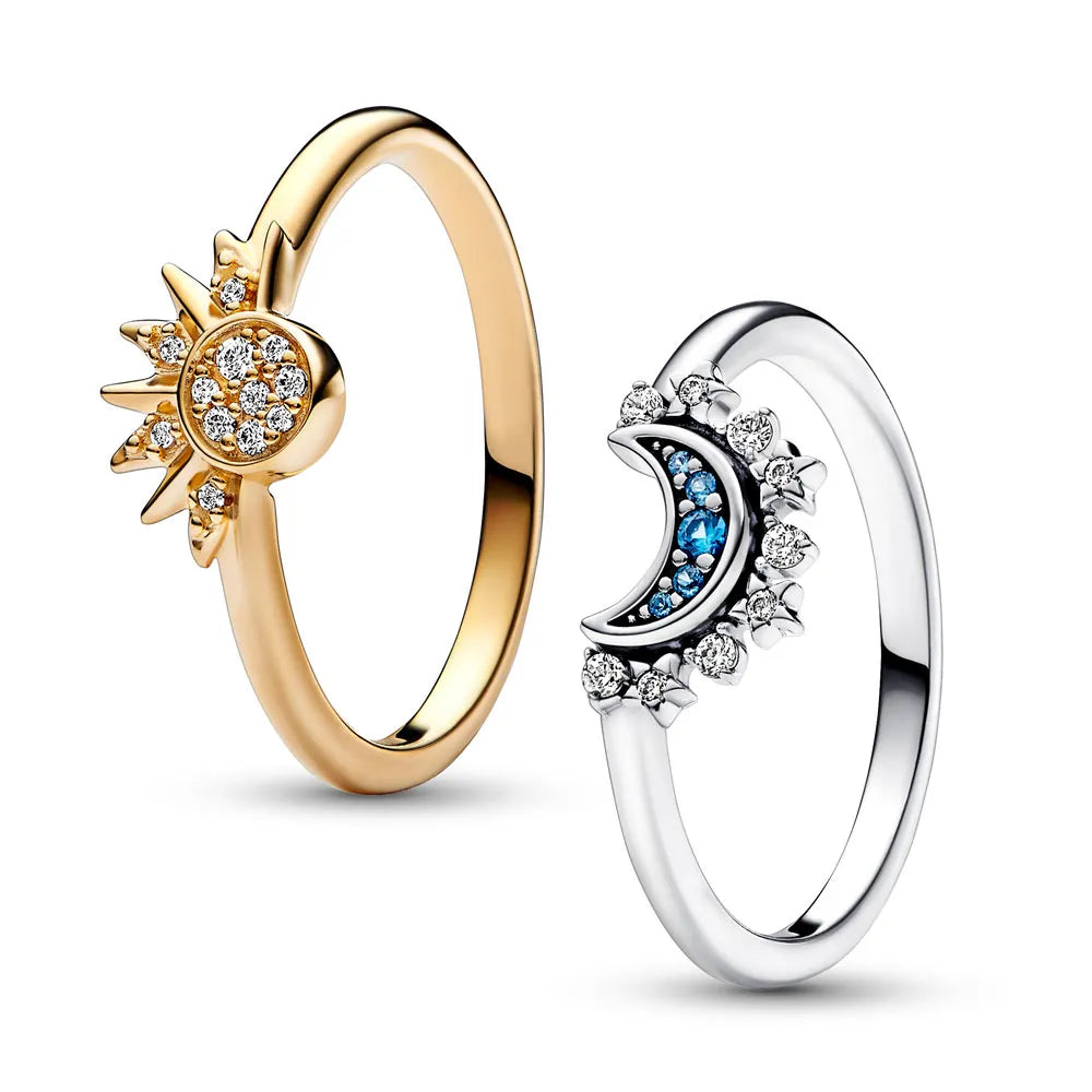 Amara | Funkelnder Mond und Sonne Silber Kristall Ring