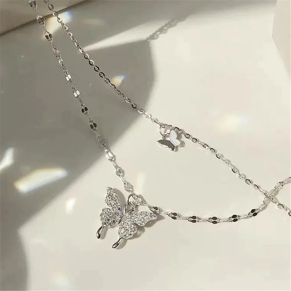 Vivienne | Elegantes Silber Halsketten-Set mit Schimmerndem Schmetterlings-Anhänger