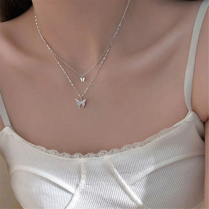 Vivienne | Elegantes Silber Halsketten-Set mit Schimmerndem Schmetterlings-Anhänger