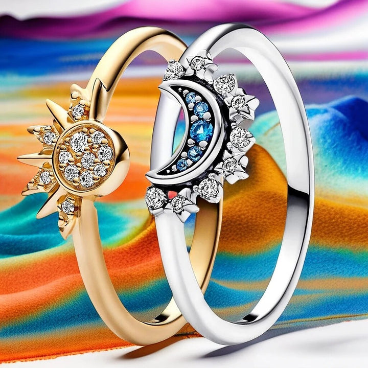 Amara | Funkelnder Mond und Sonne Silber Kristall Ring