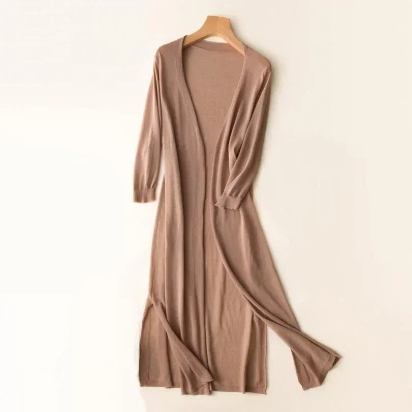 Ornella | Damen Leichter Langer Offener-Vorderseite Strickjacke