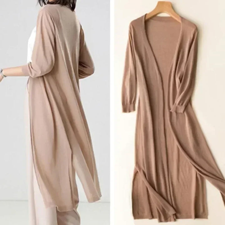 Ornella | Damen Leichter Langer Offener-Vorderseite Strickjacke