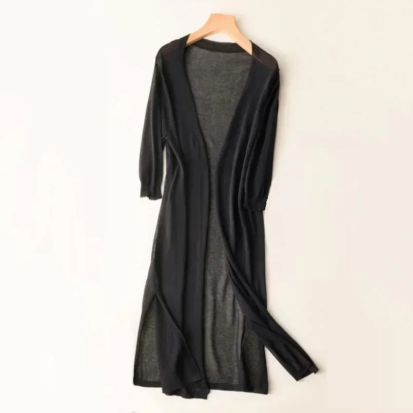 Ornella | Damen Leichter Langer Offener-Vorderseite Strickjacke
