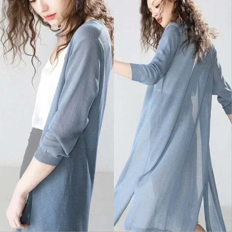Ornella | Damen Leichter Langer Offener-Vorderseite Strickjacke