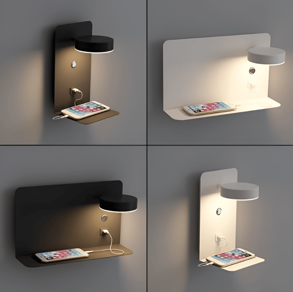 Aluminium Nachttischlampe mit Regal und USB-Ladeanschluss