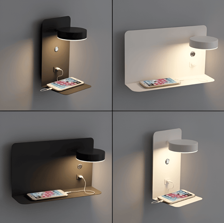 Aluminium Nachttischlampe mit Regal und USB-Ladeanschluss
