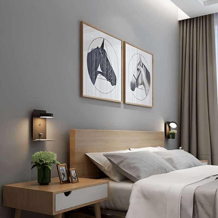 Aluminium Nachttischlampe mit Regal und USB-Ladeanschluss