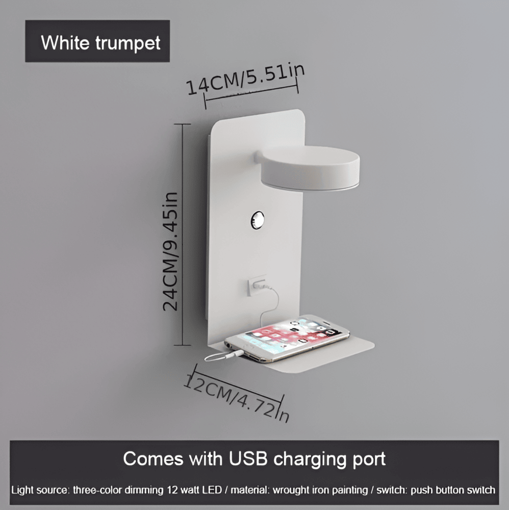 Aluminium Nachttischlampe mit Regal und USB-Ladeanschluss