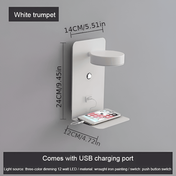 Aluminium Nachttischlampe mit Regal und USB-Ladeanschluss