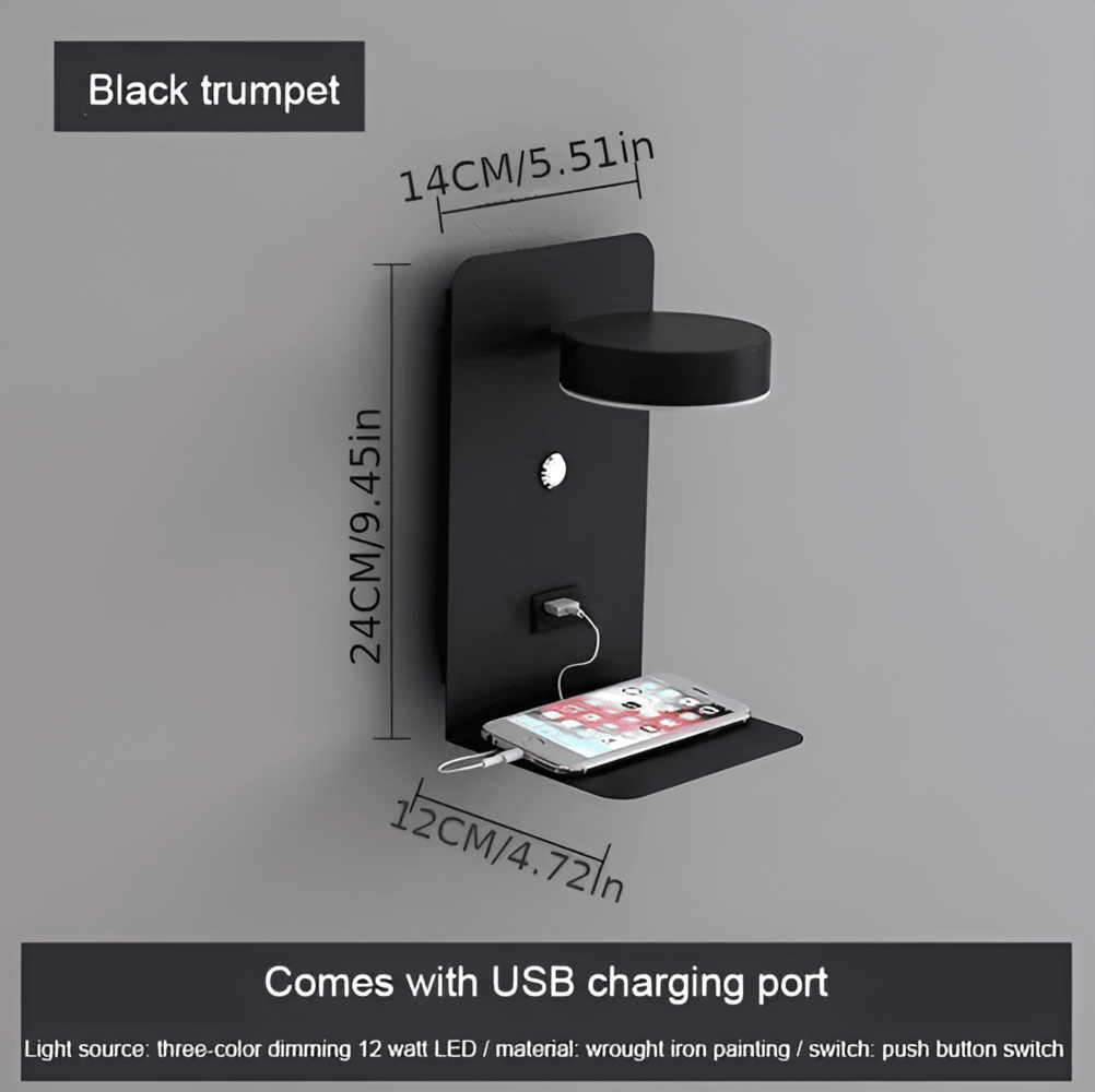 Aluminium Nachttischlampe mit Regal und USB-Ladeanschluss