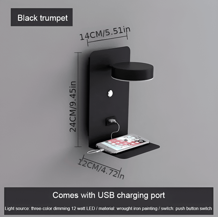 Aluminium Nachttischlampe mit Regal und USB-Ladeanschluss