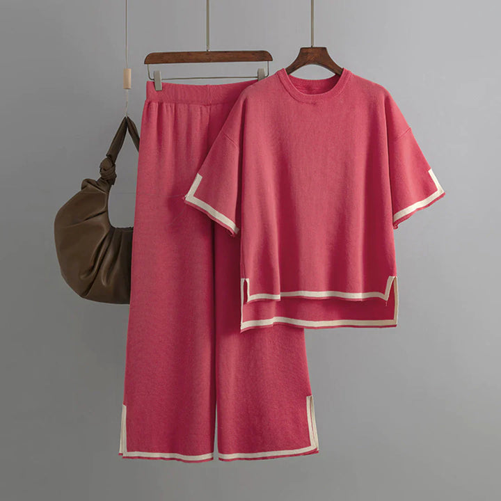 Paelis | Damen 2-Teiliges Outfit mit V-Ausschnitt Oberteil und Weitbeinhose