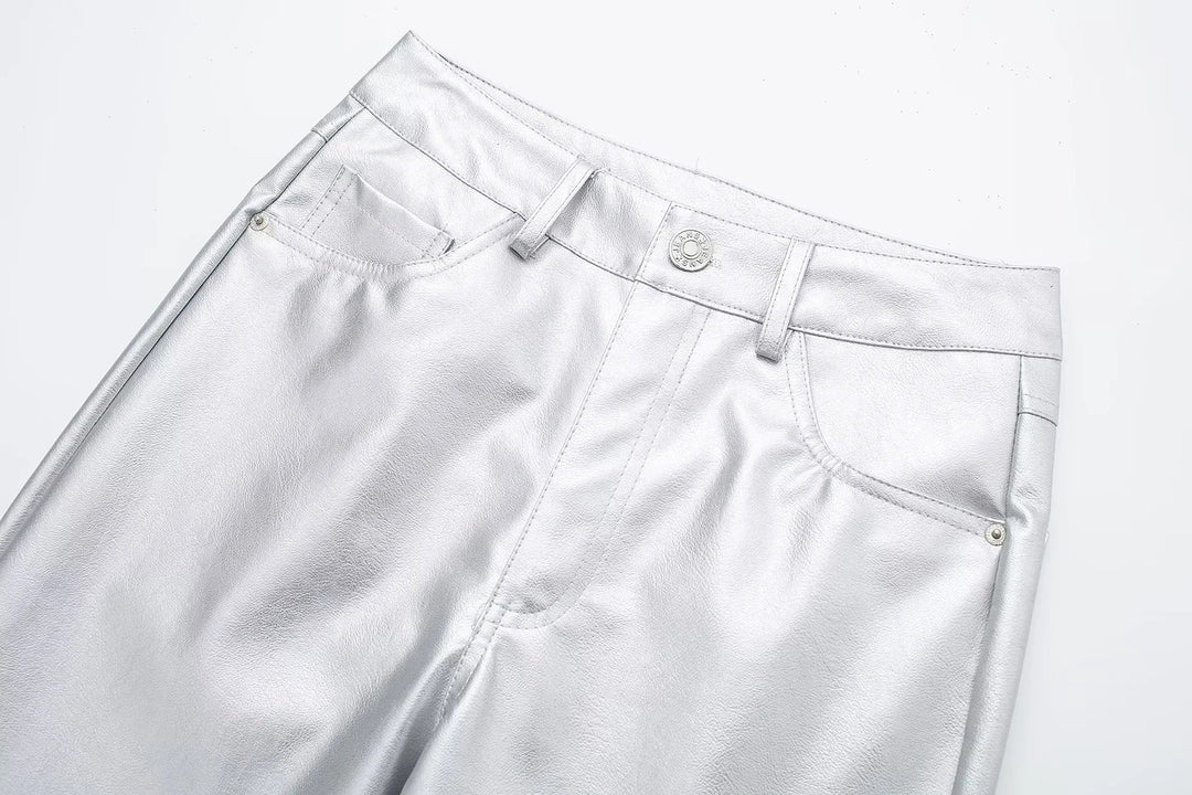 Miren | Damen Stylische Metallisch Silber Hose