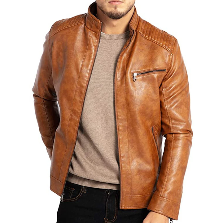 Herren Stehkragen Reißverschluss Zuziehen Biker Stil Jacke