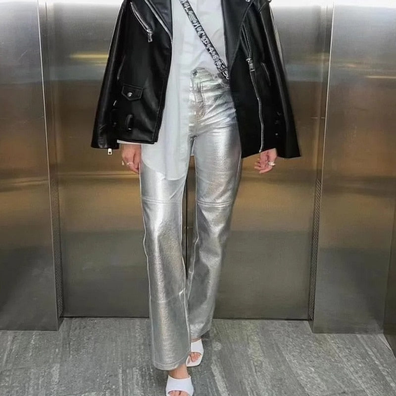 Miren | Damen Stylische Metallisch Silber Hose