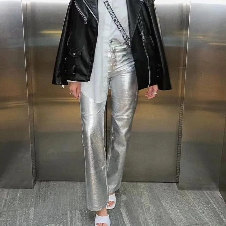 Miren | Damen Stylische Metallisch Silber Hose