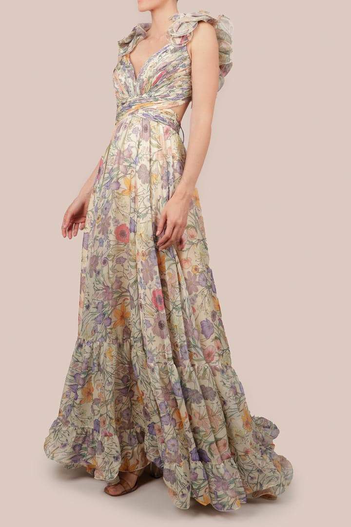 Vivienne | V-Ausschnitt Chiffon Maxikleid mit Blumendruck