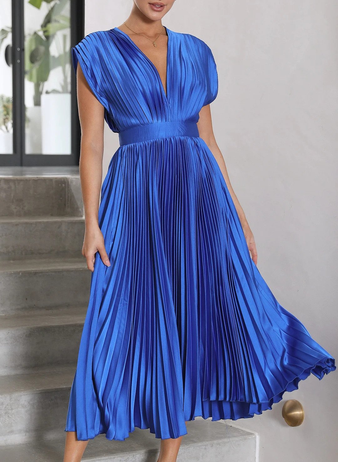 Vesper | Damen Solide Farbe Kurzarm Maxikleid