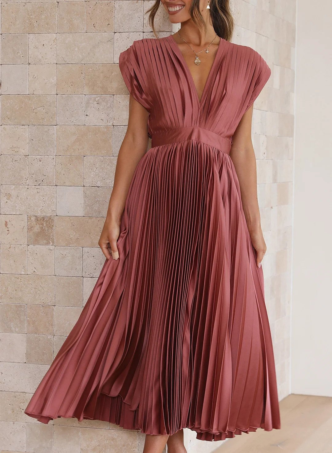 Vesper | Damen Solide Farbe Kurzarm Maxikleid
