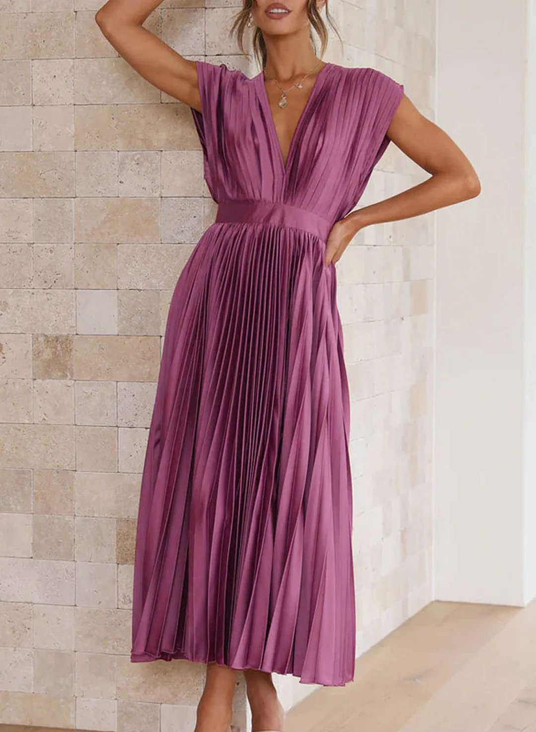 Vesper | Damen Solide Farbe Kurzarm Maxikleid