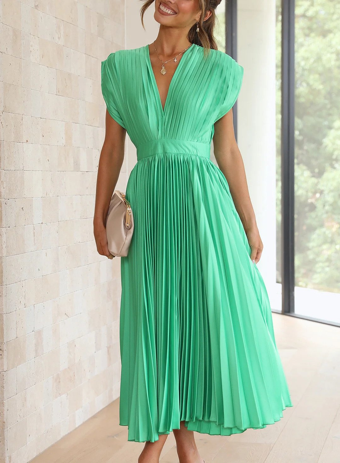 Vesper | Damen Solide Farbe Kurzarm Maxikleid